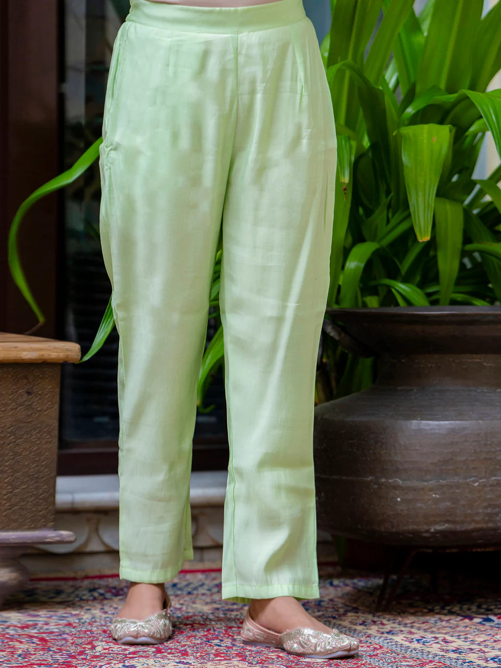 Floral Embroidered Silk Round Neck Kurta Trouser & Dupatta Set