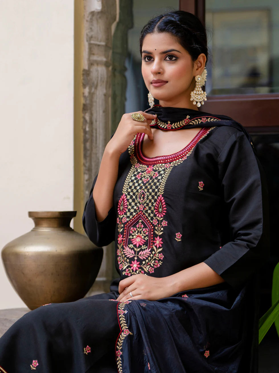 Floral Embroidered Silk Round Neck Kurta Trouser & Dupatta Set