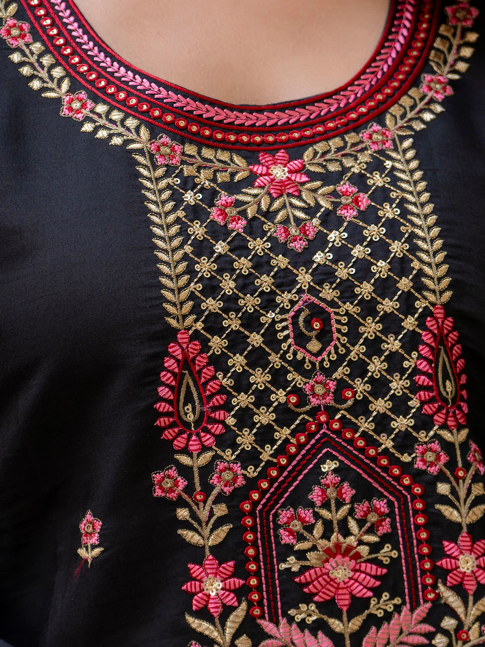 Floral Embroidered Silk Round Neck Kurta Trouser & Dupatta Set