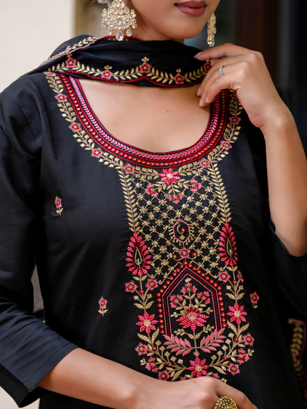 Floral Embroidered Silk Round Neck Kurta Trouser & Dupatta Set