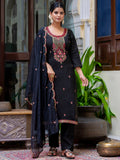 Floral Embroidered Silk Round Neck Kurta Trouser & Dupatta Set