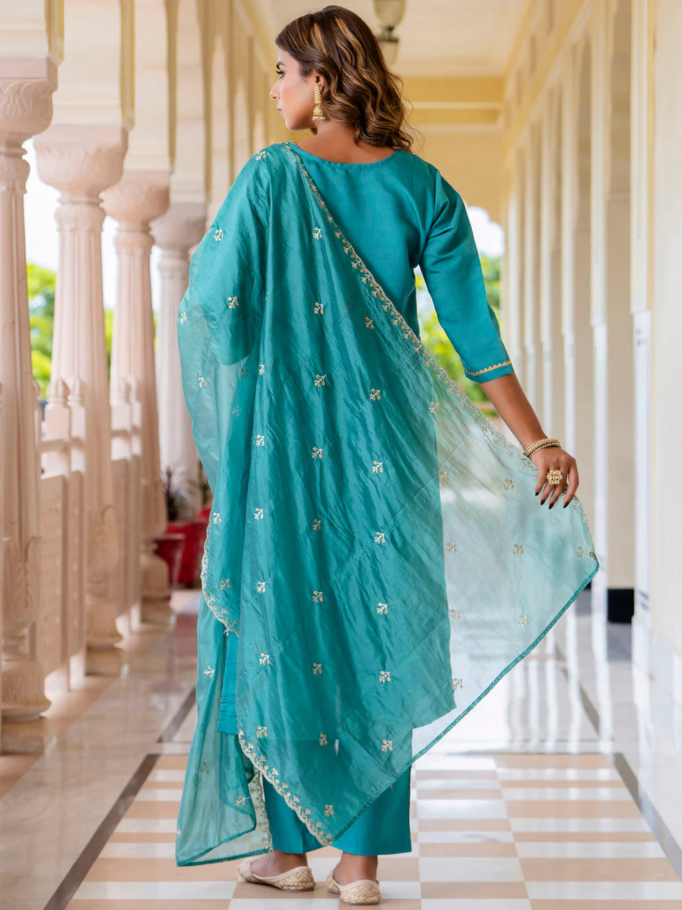Floral Embroidered Silk Round Neck Kurta Trouser & Dupatta Set