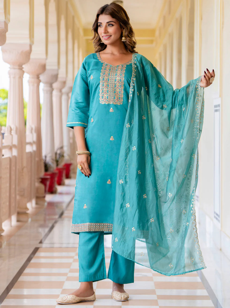 Floral Embroidered Silk Round Neck Kurta Trouser & Dupatta Set