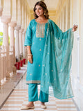Floral Embroidered Silk Round Neck Kurta Trouser & Dupatta Set