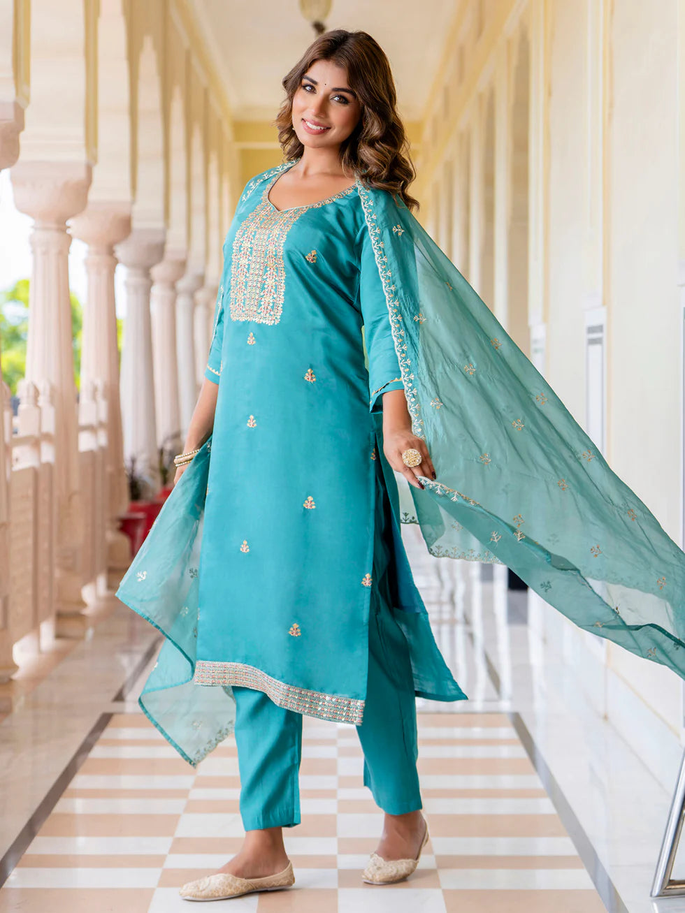 Floral Embroidered Silk Round Neck Kurta Trouser & Dupatta Set