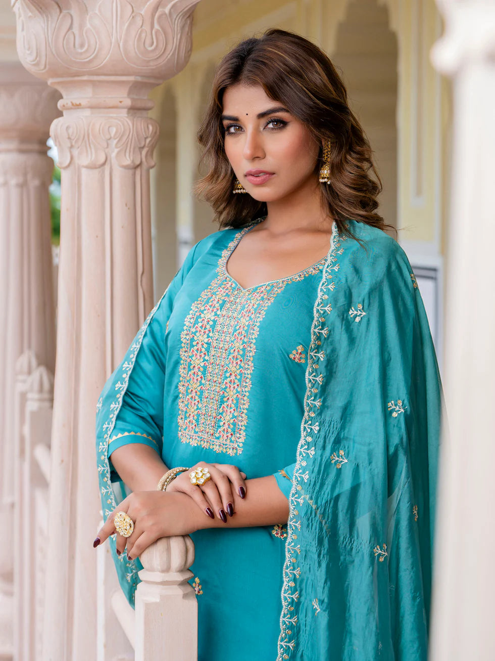 Floral Embroidered Silk Round Neck Kurta Trouser & Dupatta Set
