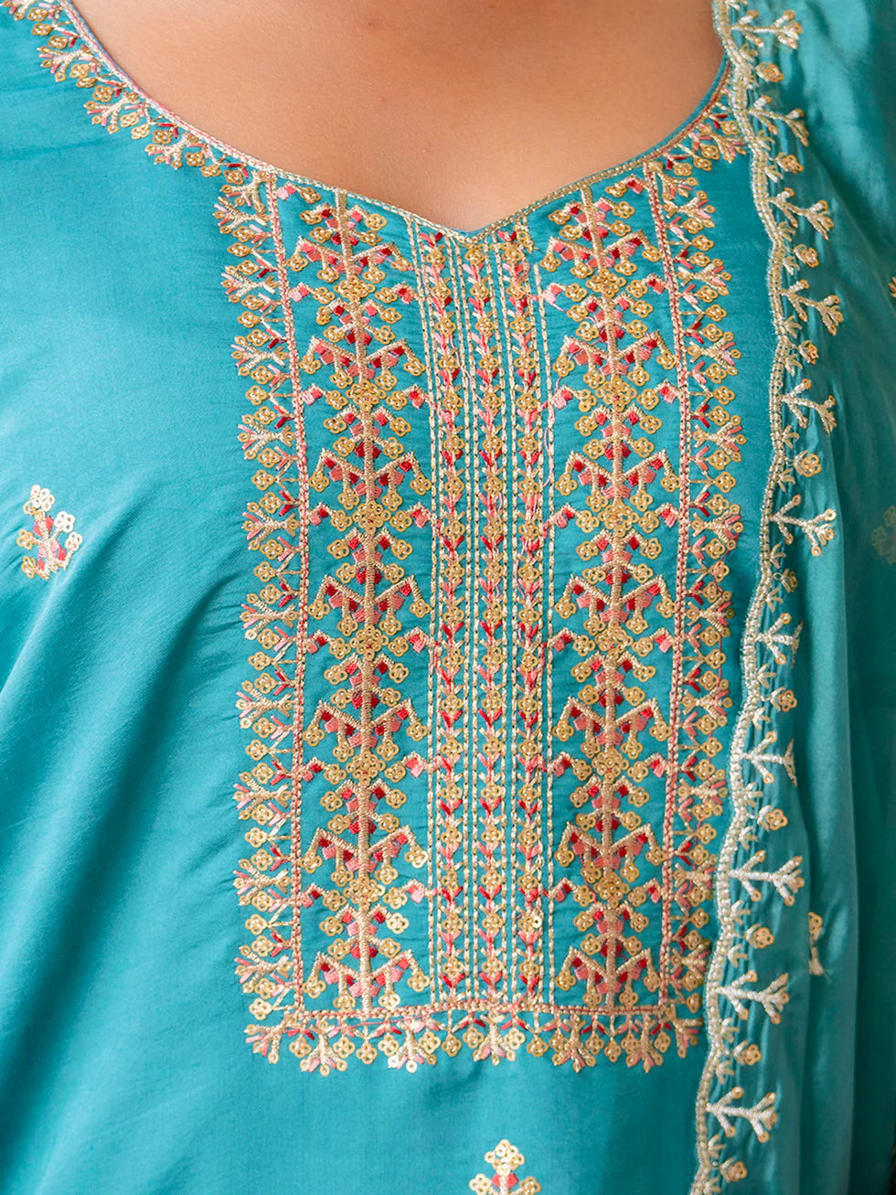 Floral Embroidered Silk Round Neck Kurta Trouser & Dupatta Set