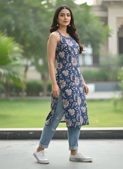 Blue Printed Stylish Back Straight Sleeveless Kurta