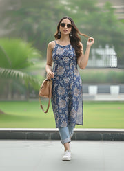 Blue Printed Stylish Back Straight Sleeveless Kurta