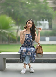 Blue Printed Stylish Back Straight Sleeveless Kurta