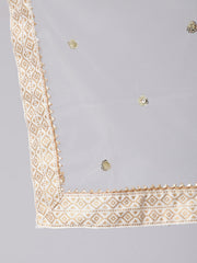 White Gold Printed Straight Kurta Set With Net Dupatta for Women