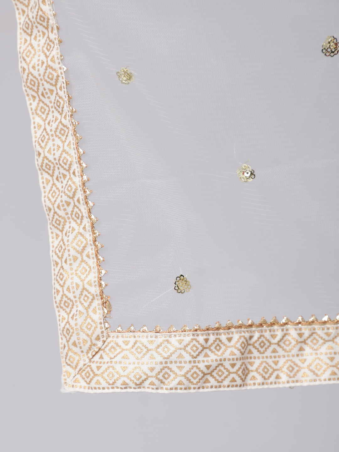 White Gold Printed Straight Kurta Set With Net Dupatta for Women