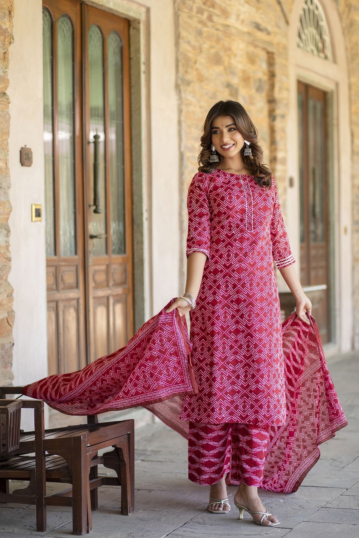 Women Red Bandhani Printed Straight Kurta With Palzzo And Dupatta