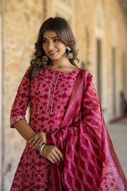 Women Red Bandhani Printed Straight Kurta With Palzzo And Dupatta