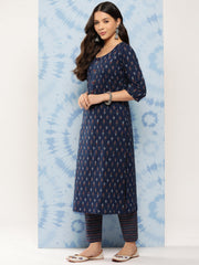 Women Blue Ethnic Printed Straight Kurta With Trouser