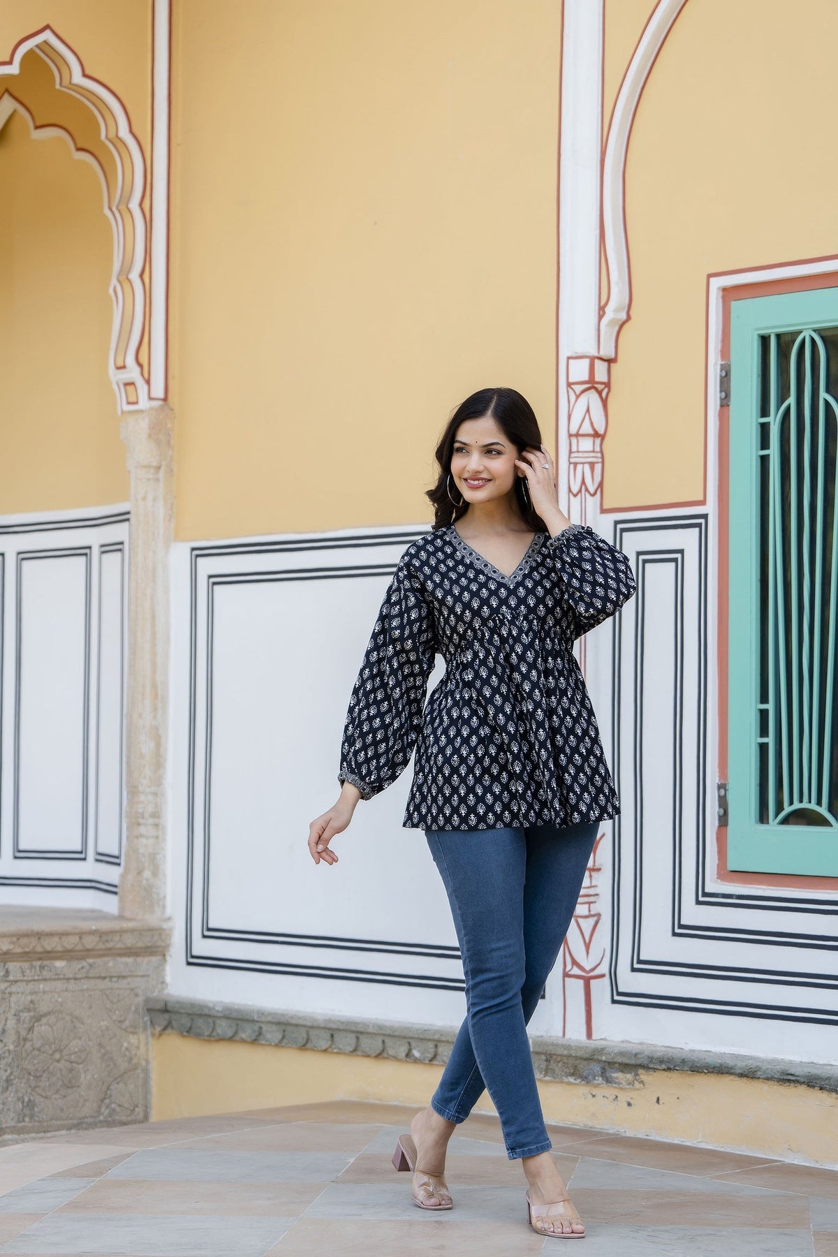 Women Black Printed V-Neck Peplum Top