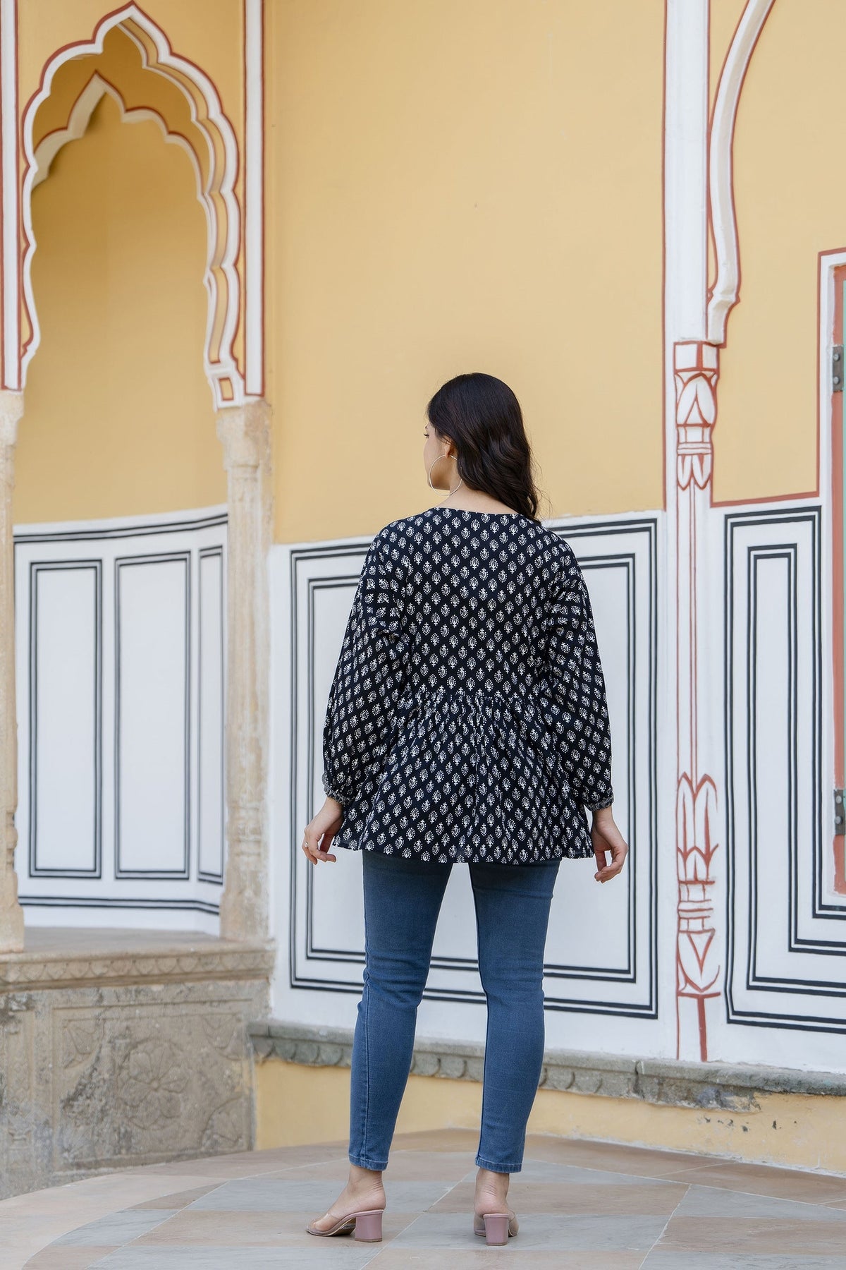 Women Black Printed V-Neck Peplum Top