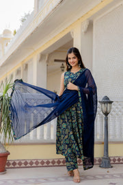 Women Blue Floral Printed Anarkali Kurta With Trouser And Dupatta