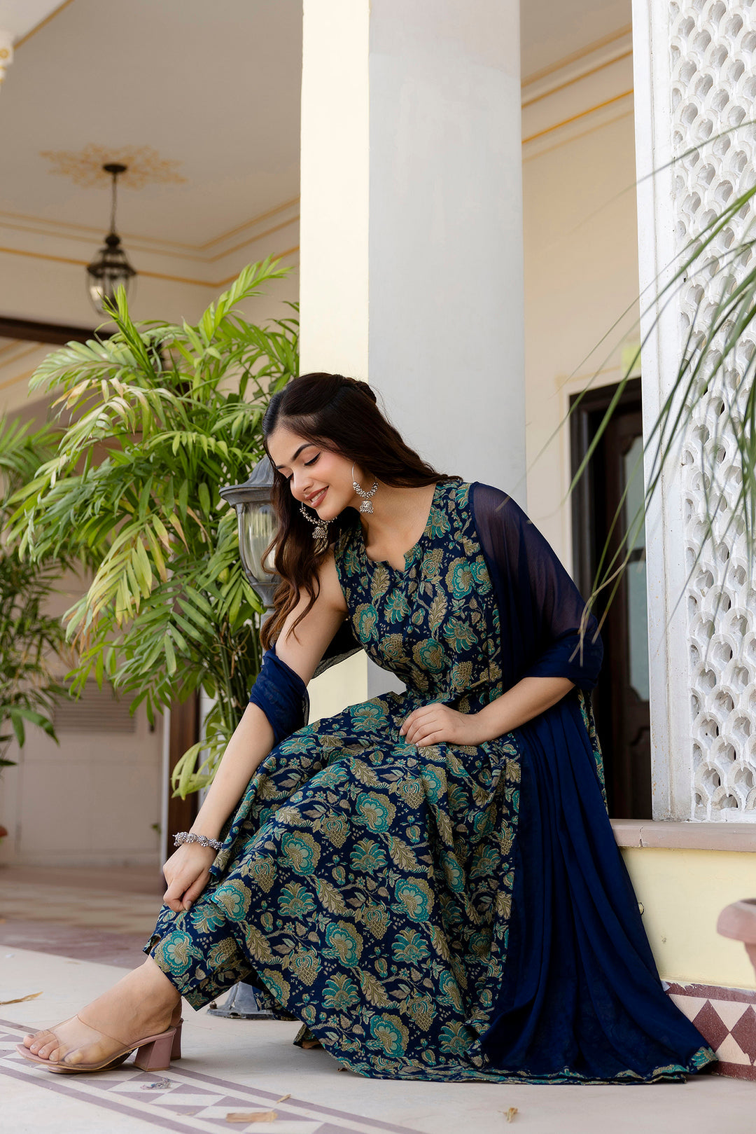 Women Blue Floral Printed Anarkali Kurta With Trouser And Dupatta
