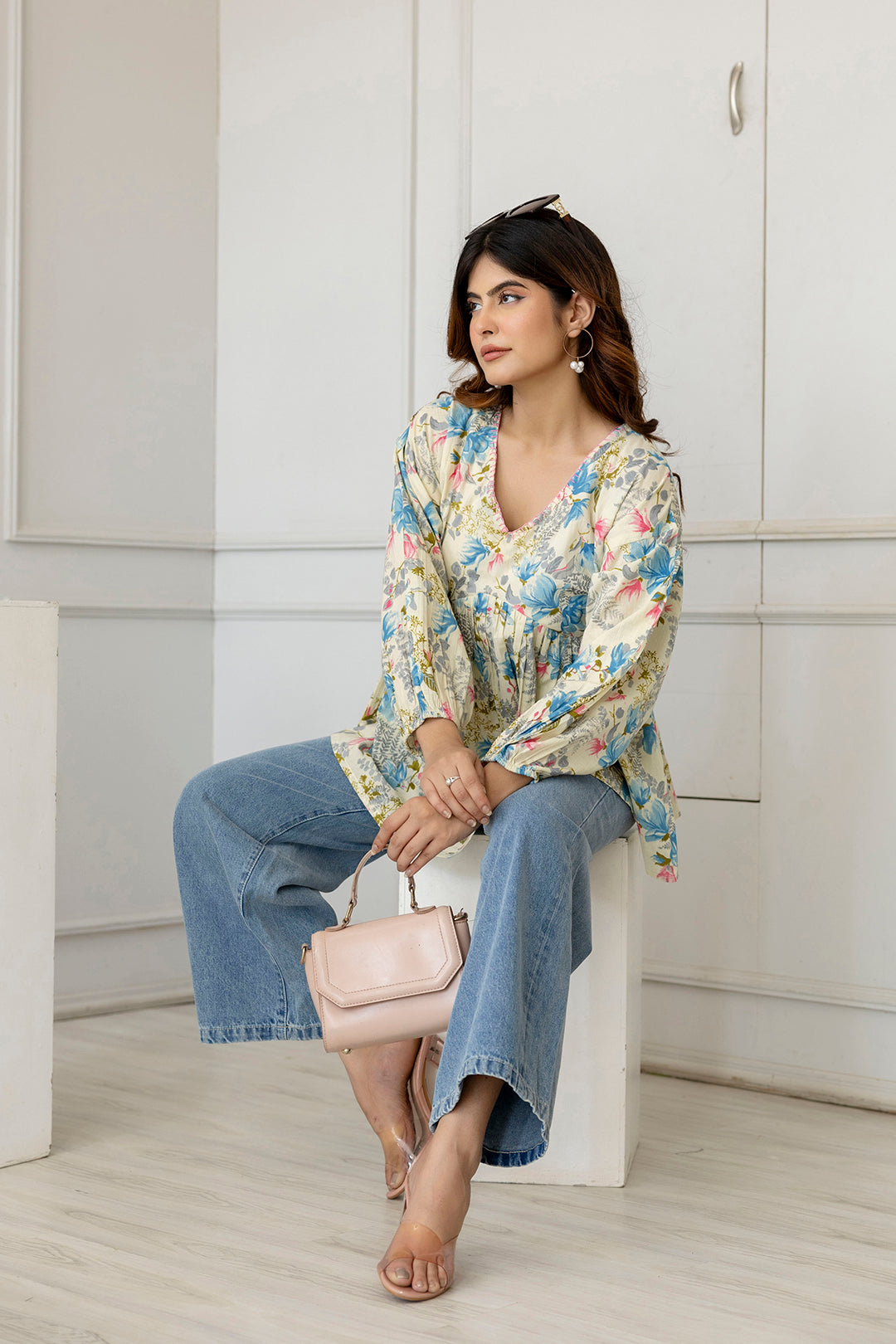 Women Off-White Printed V-Neck Peplum Top