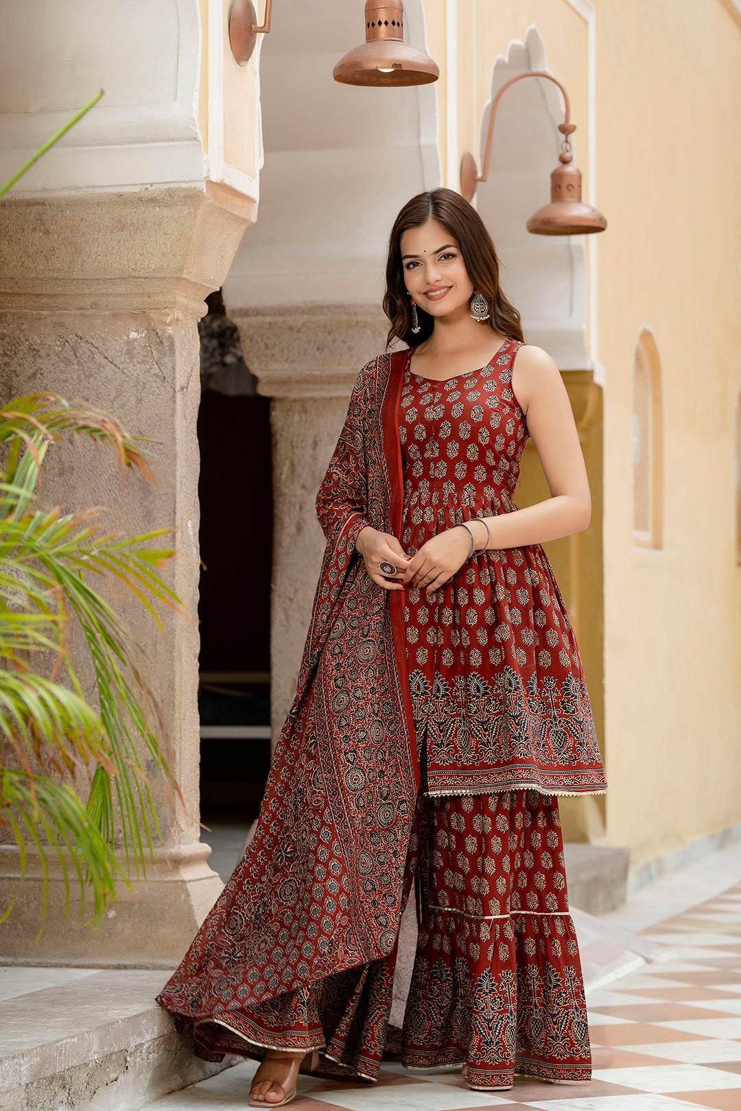 Maroon Printed Kurti and Sharara Set With Dupatta