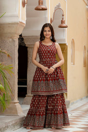 Maroon Printed Kurti and Sharara Set With Dupatta