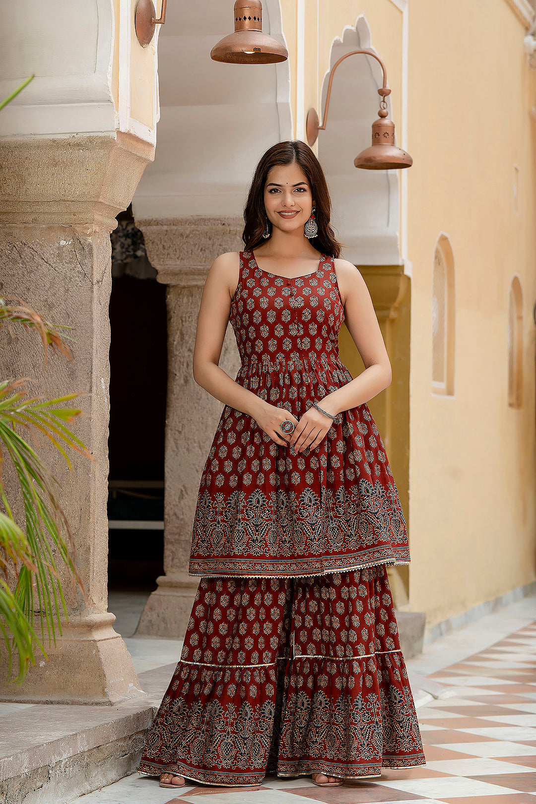 Maroon Printed Kurti and Sharara Set With Dupatta
