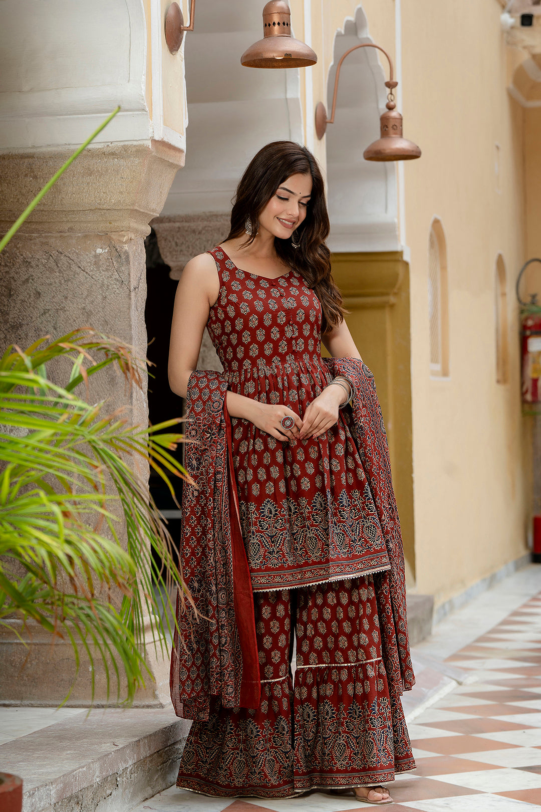Maroon Printed Kurti and Sharara Set With Dupatta
