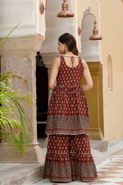 Maroon Printed Kurti and Sharara Set With Dupatta