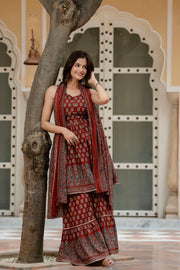 Maroon Printed Kurti and Sharara Set With Dupatta