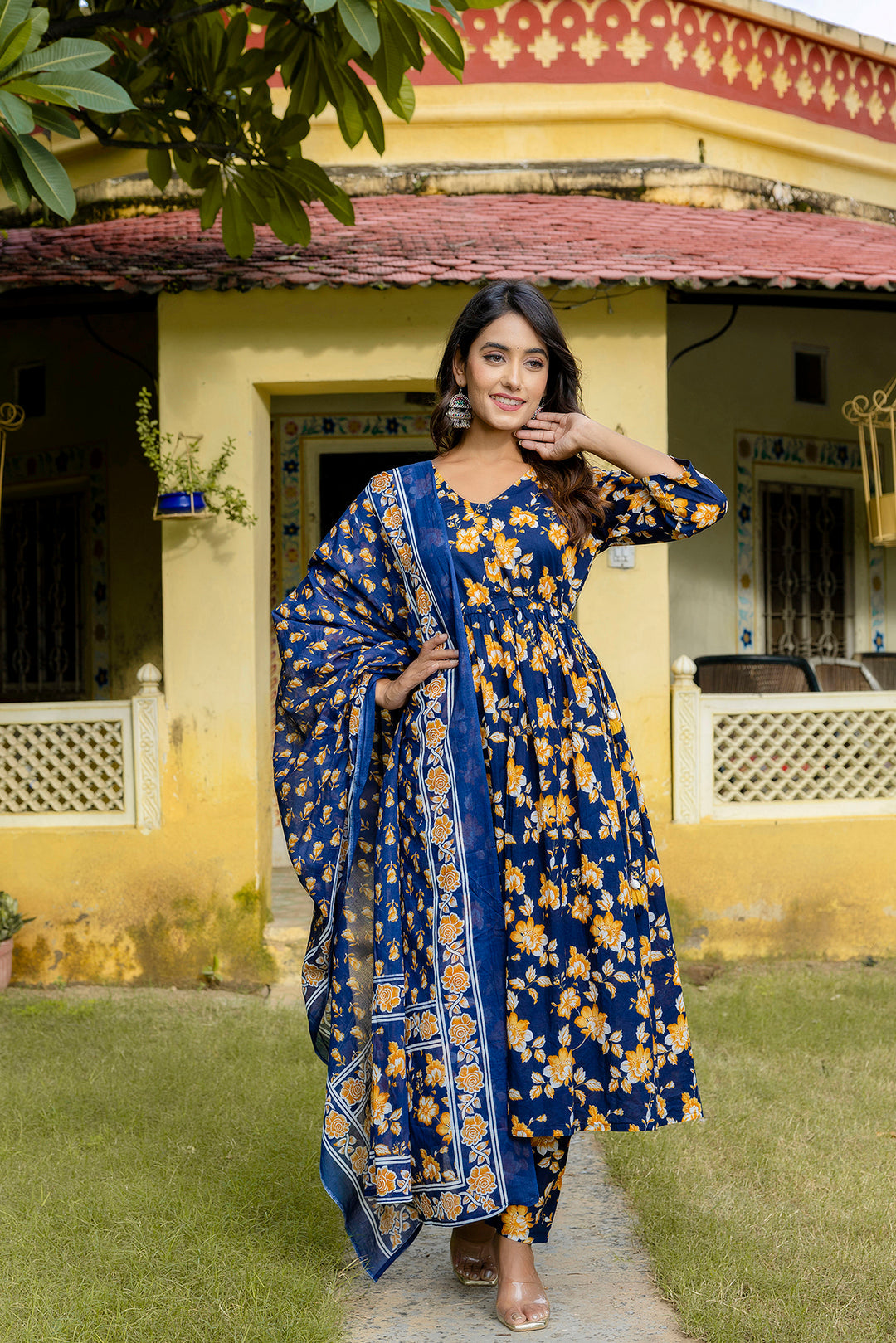 Navy Blue Anarkali Kurta Set With Dupatta For Women