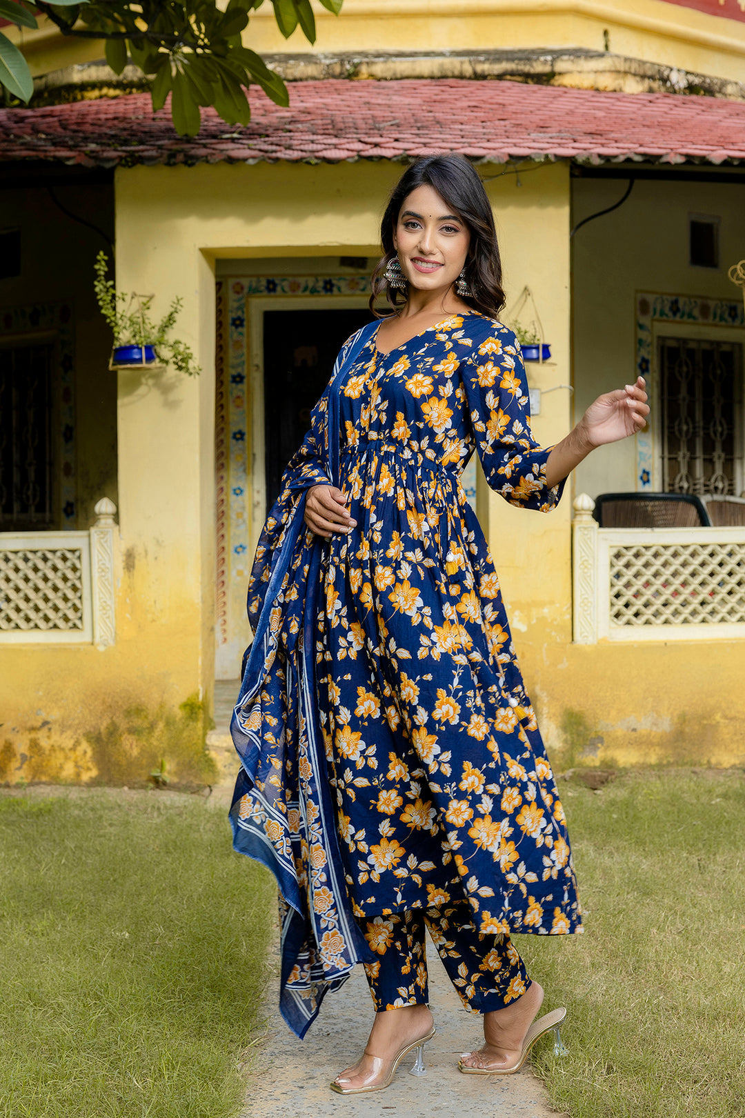 Navy Blue Anarkali Kurta Set With Dupatta For Women