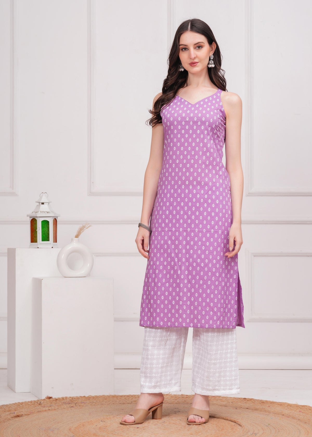 Women Purple Printed Straight Shoulder Straps Kurta
