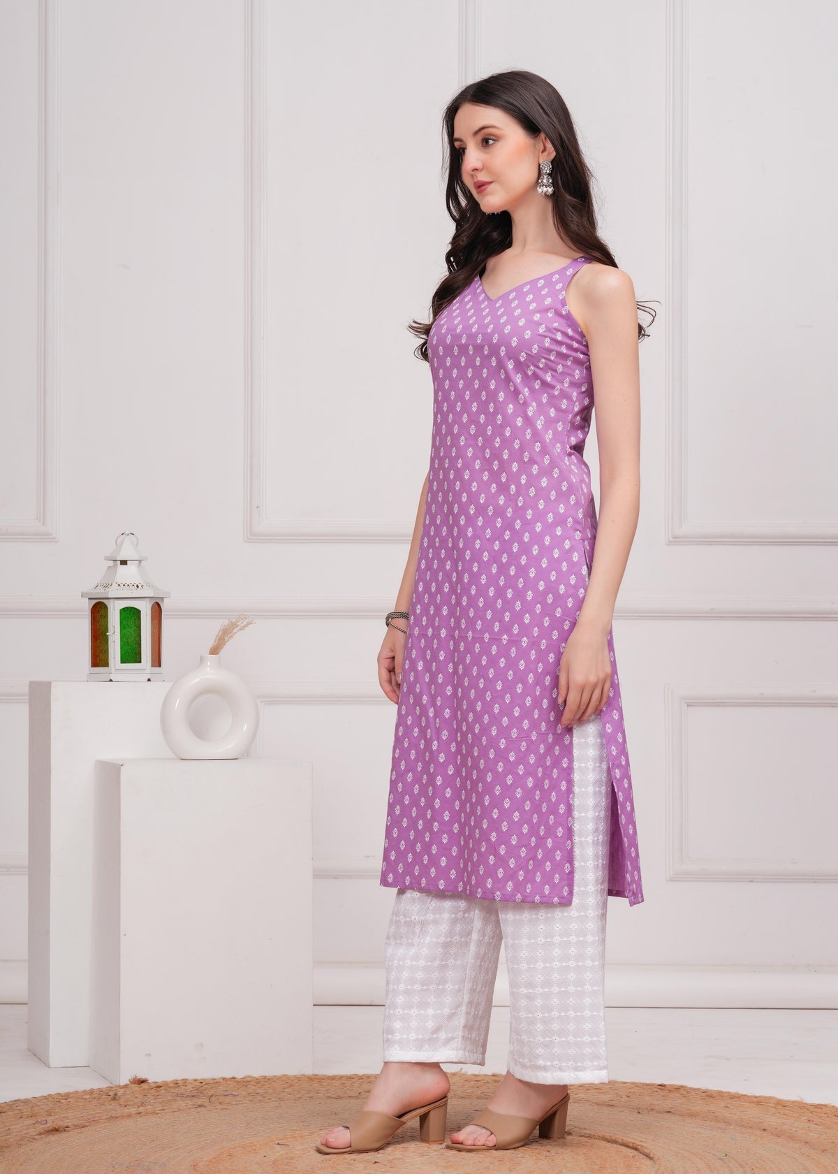 Women Purple Printed Straight Shoulder Straps Kurta