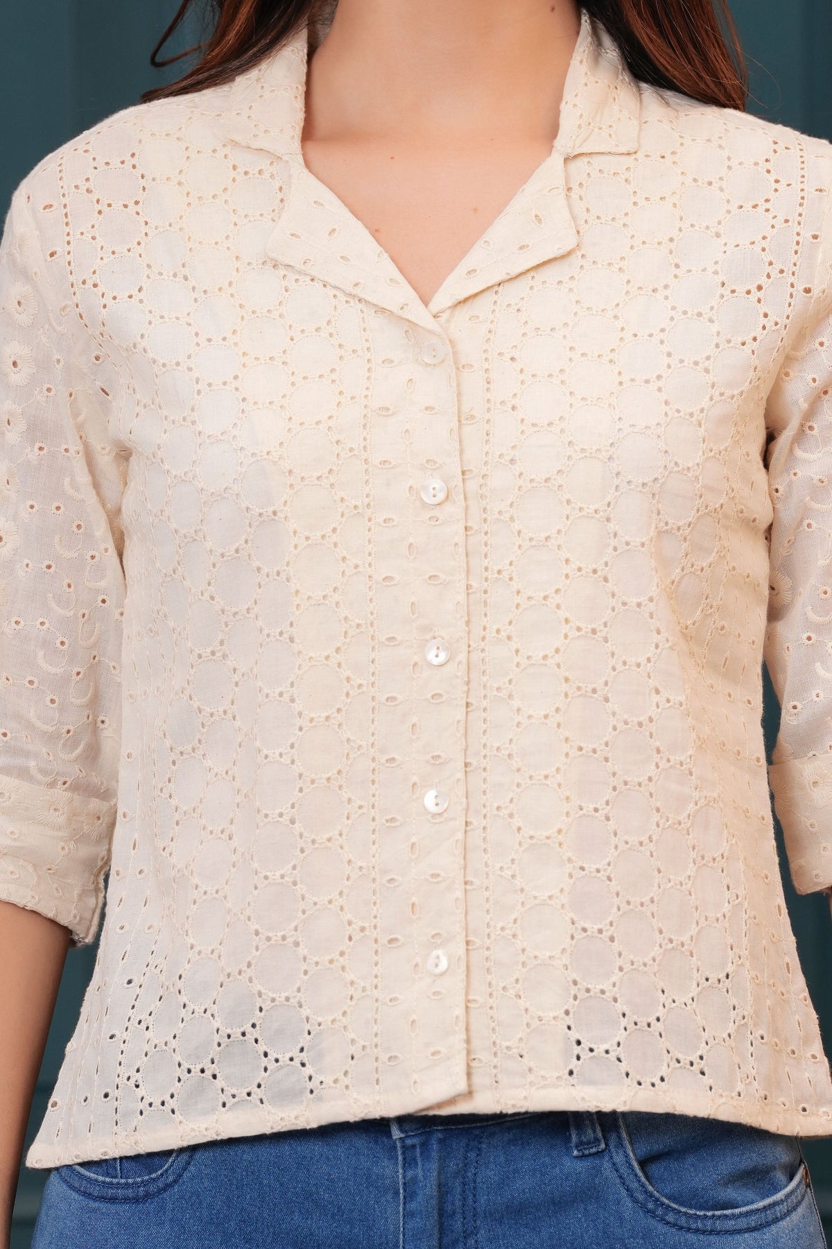 Women Off White Schiffli Cotton Straight Top