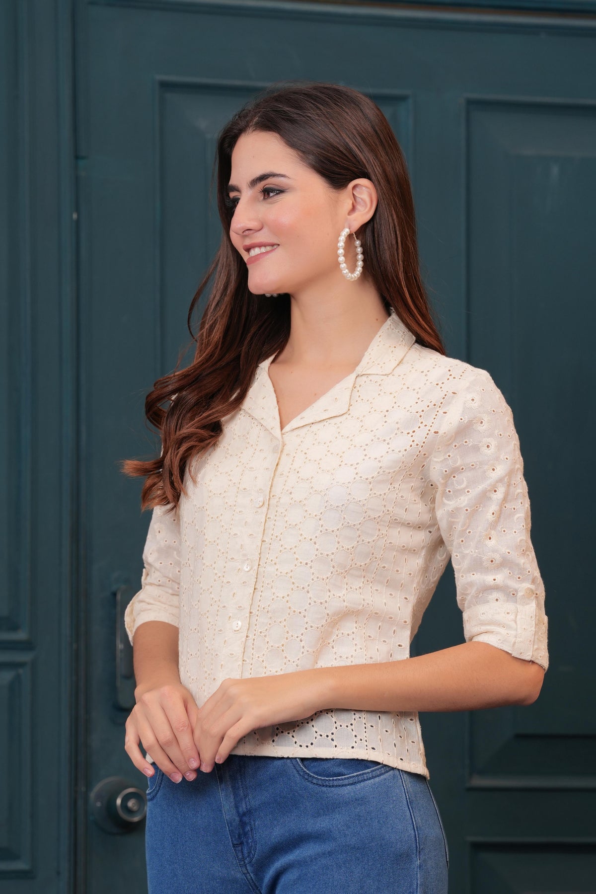 Women Off White Schiffli Cotton Straight Top
