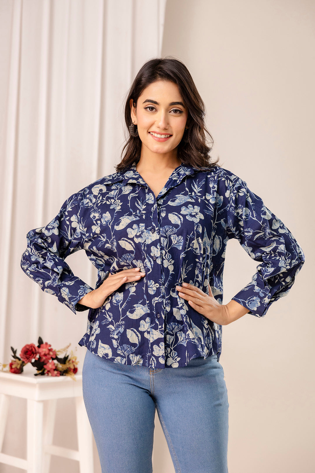 Blue Floral Printed Shirt for Women