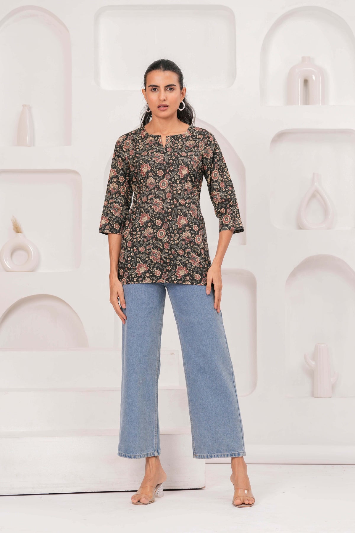 Black Printed Straight Tunic for Women