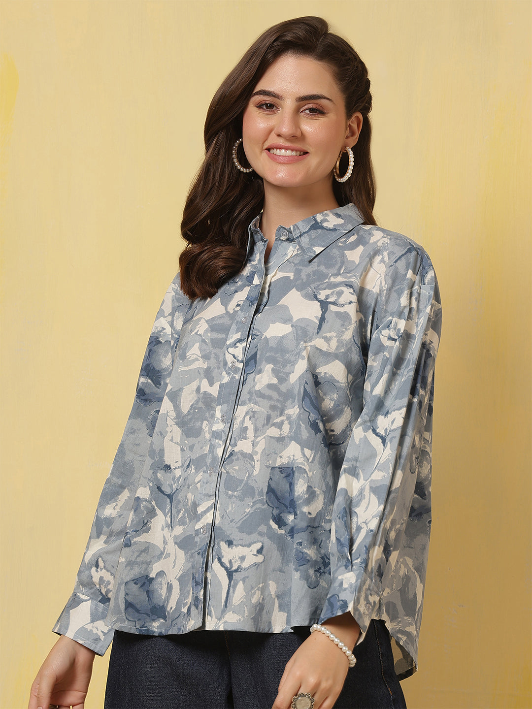 Blue & White Floral Printed Shirt for Women