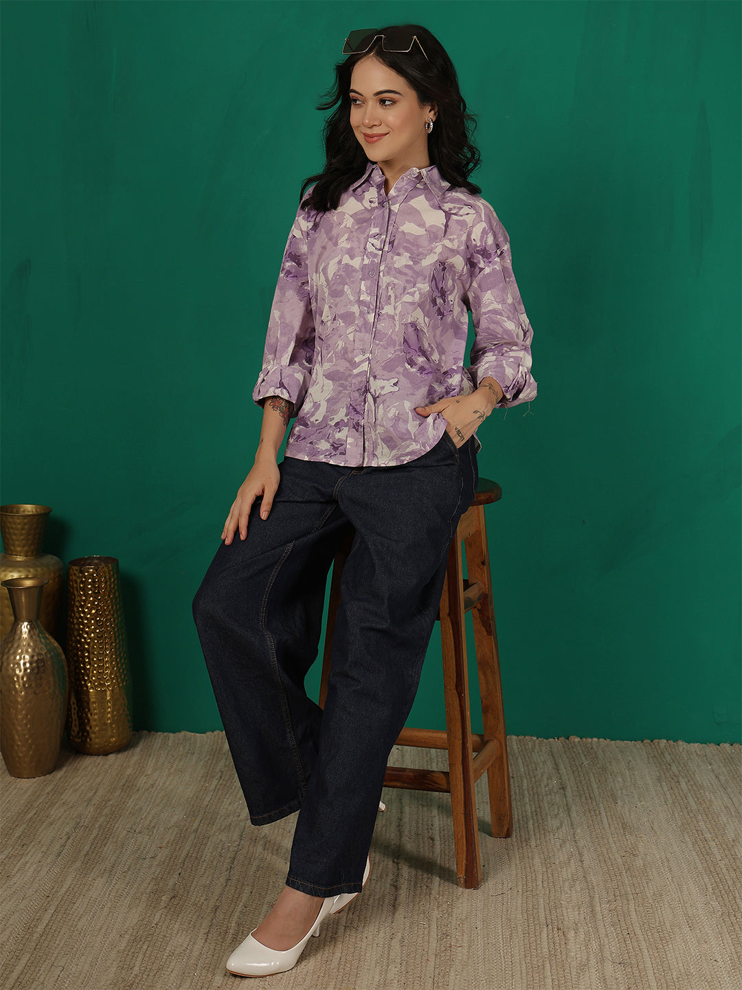 Purple Floral Printed Shirt for Women