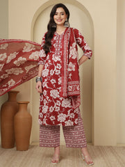 Maroon Printed Kurta Set with Dupatta for Women
