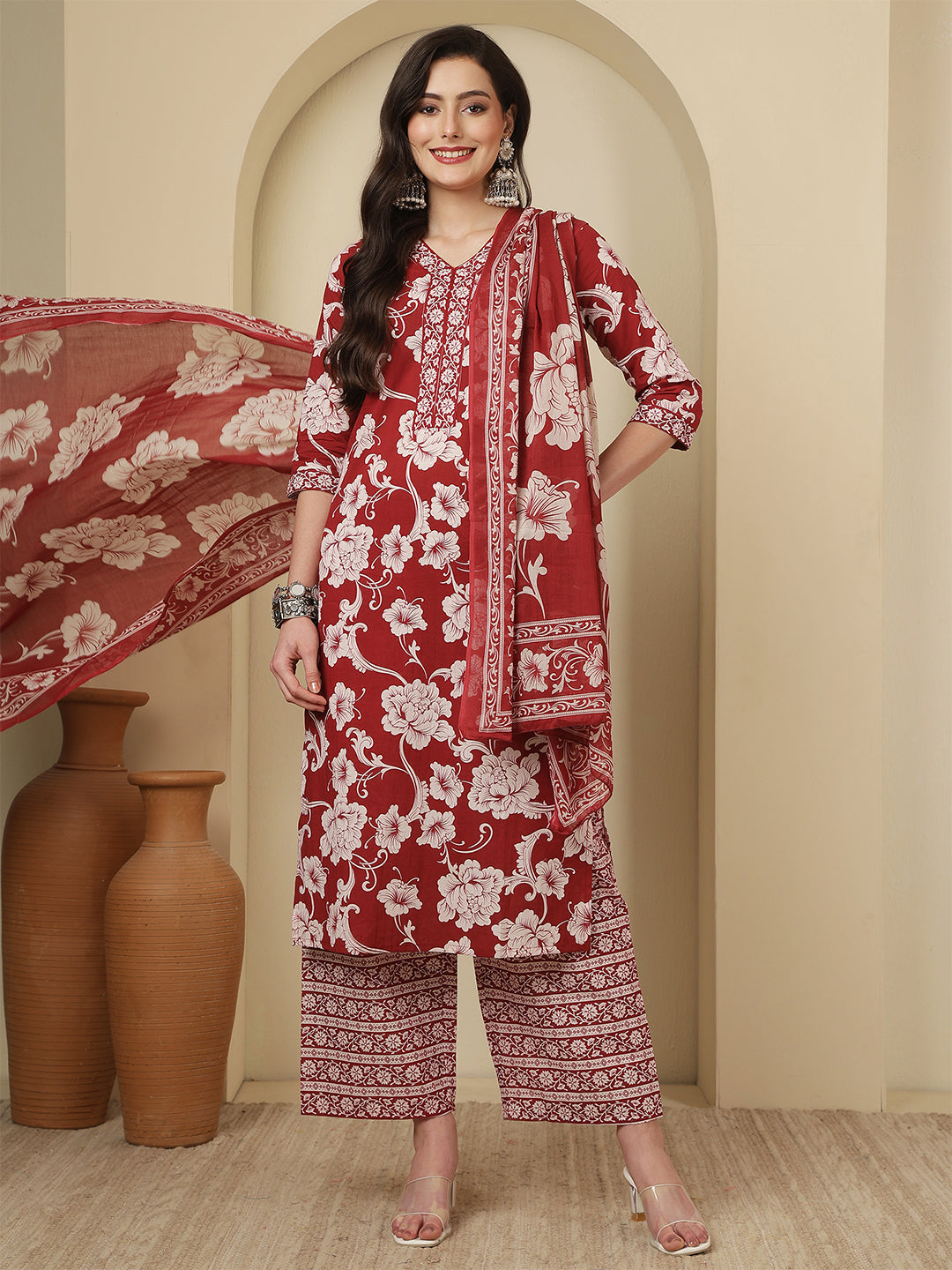 Maroon Printed Kurta Set with Dupatta for Women