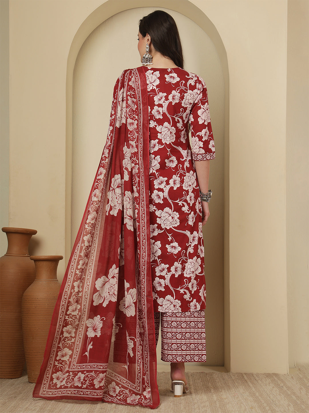 Maroon Printed Kurta Set with Dupatta for Women