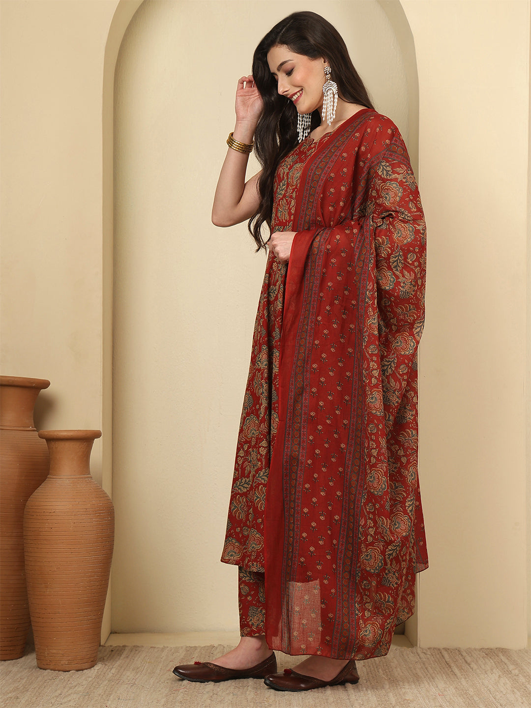 Maroon Printed Kurta Set with Dupatta for Women