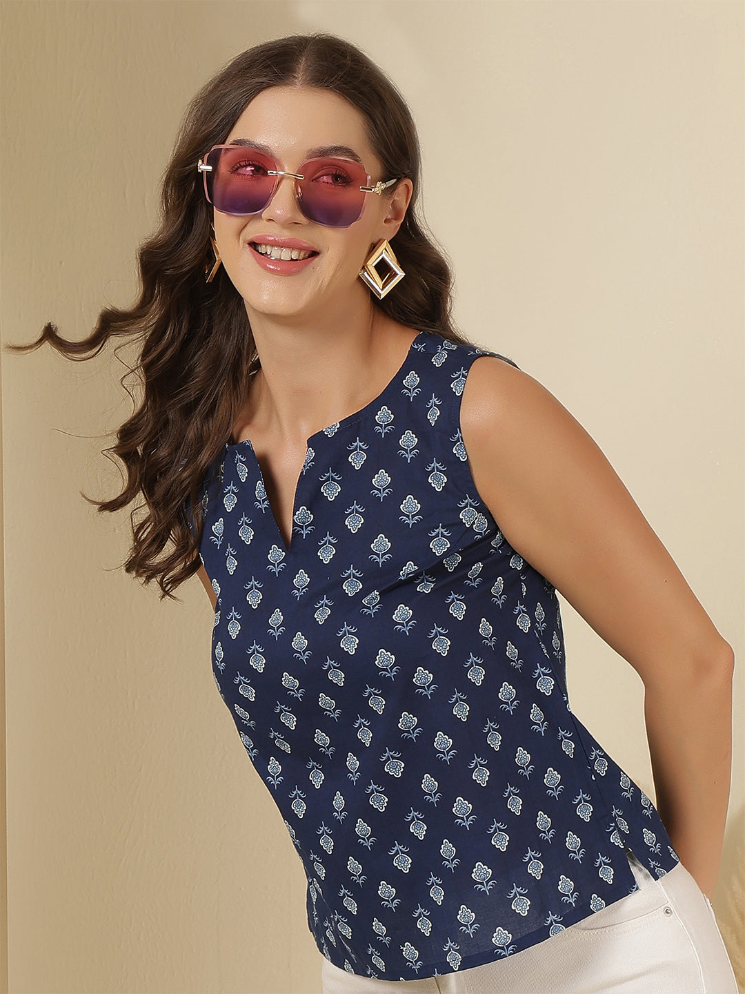 Women Blue Printed Straight Top