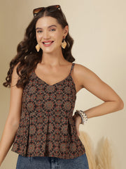 Black Printed Sleeveless Top for Women