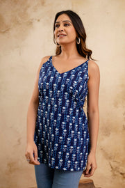 Blue Printed Sleeveless Top for Women