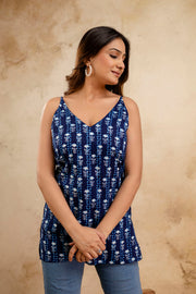 Blue Printed Sleeveless Top for Women