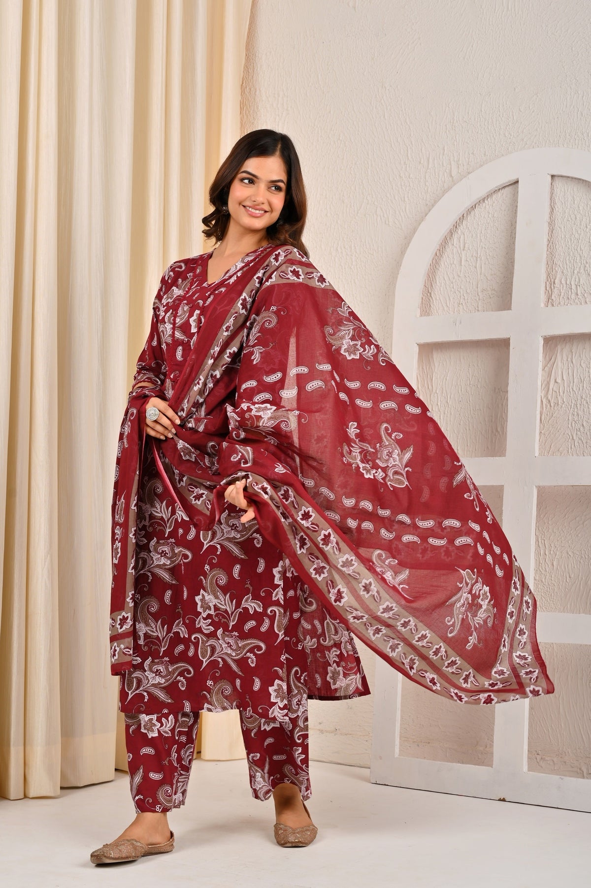 Burgundy Printed Straight Kurta Set With Dupatta for Women