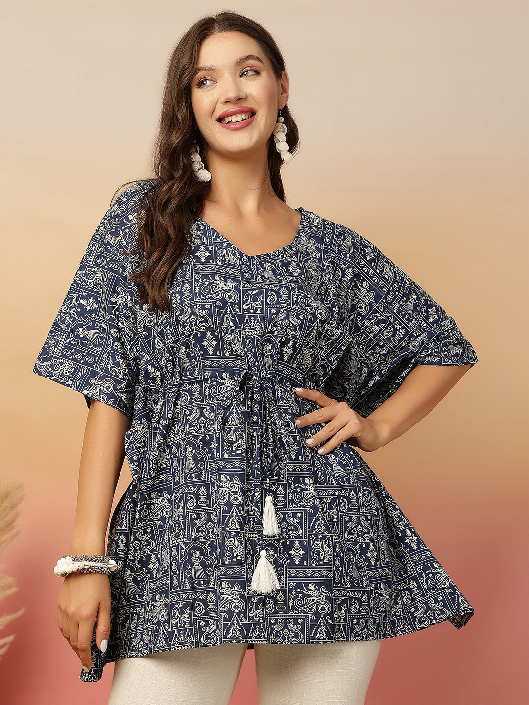 Blue Printed Kaftan Kurta for Women